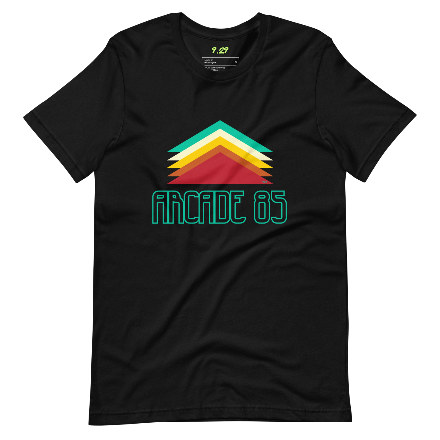 Black t-shirt with "Arcade 85" Original Nine-29 Design