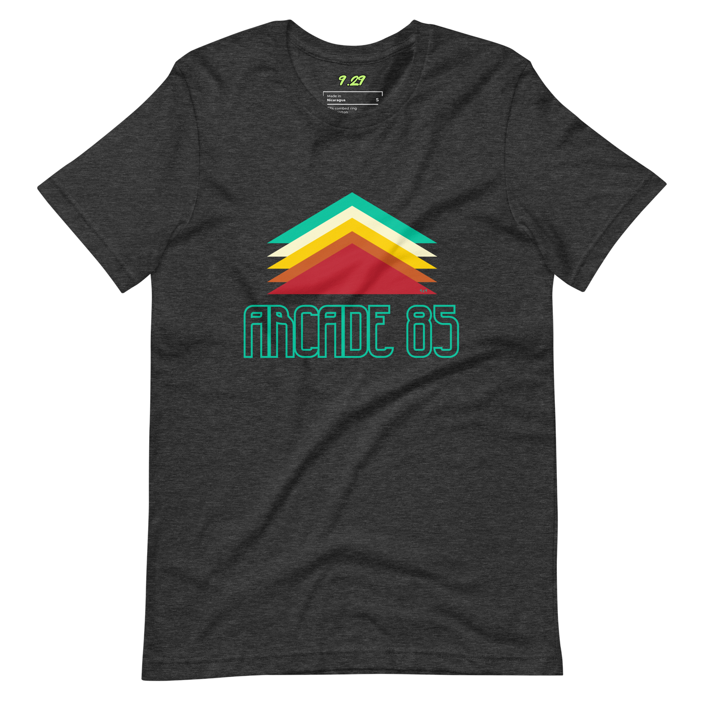 Dark grey heather t-shirt with "Arcade 85" Original Nine-29 Design