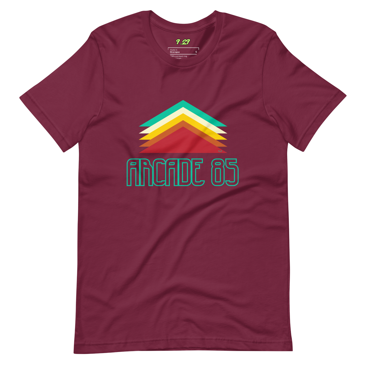 Maroon t-shirt with "Arcade 85" Original Nine-29 Design