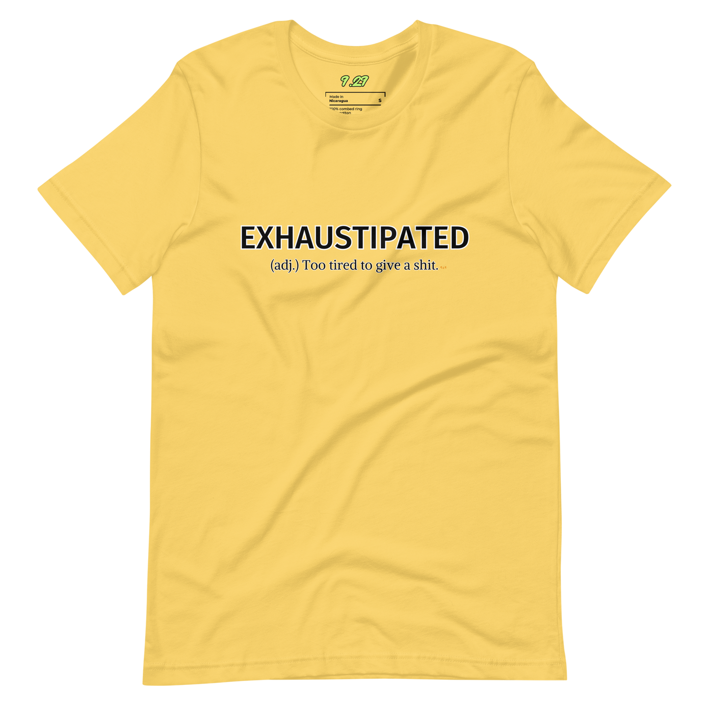 Yellow t-shirt with "Exhaustipated" Original Nine-29 Design