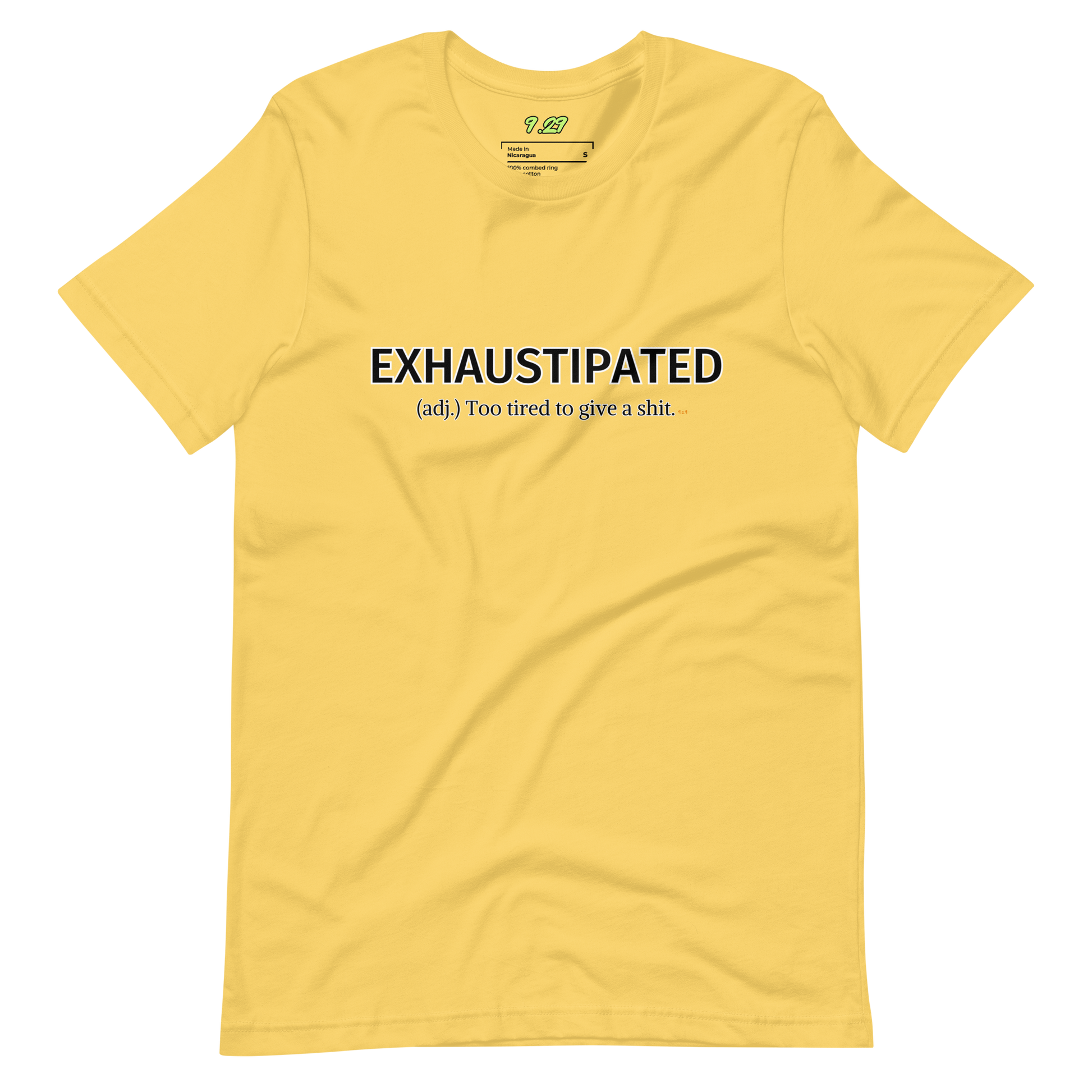 Yellow t-shirt with "Exhaustipated" Original Nine-29 Design