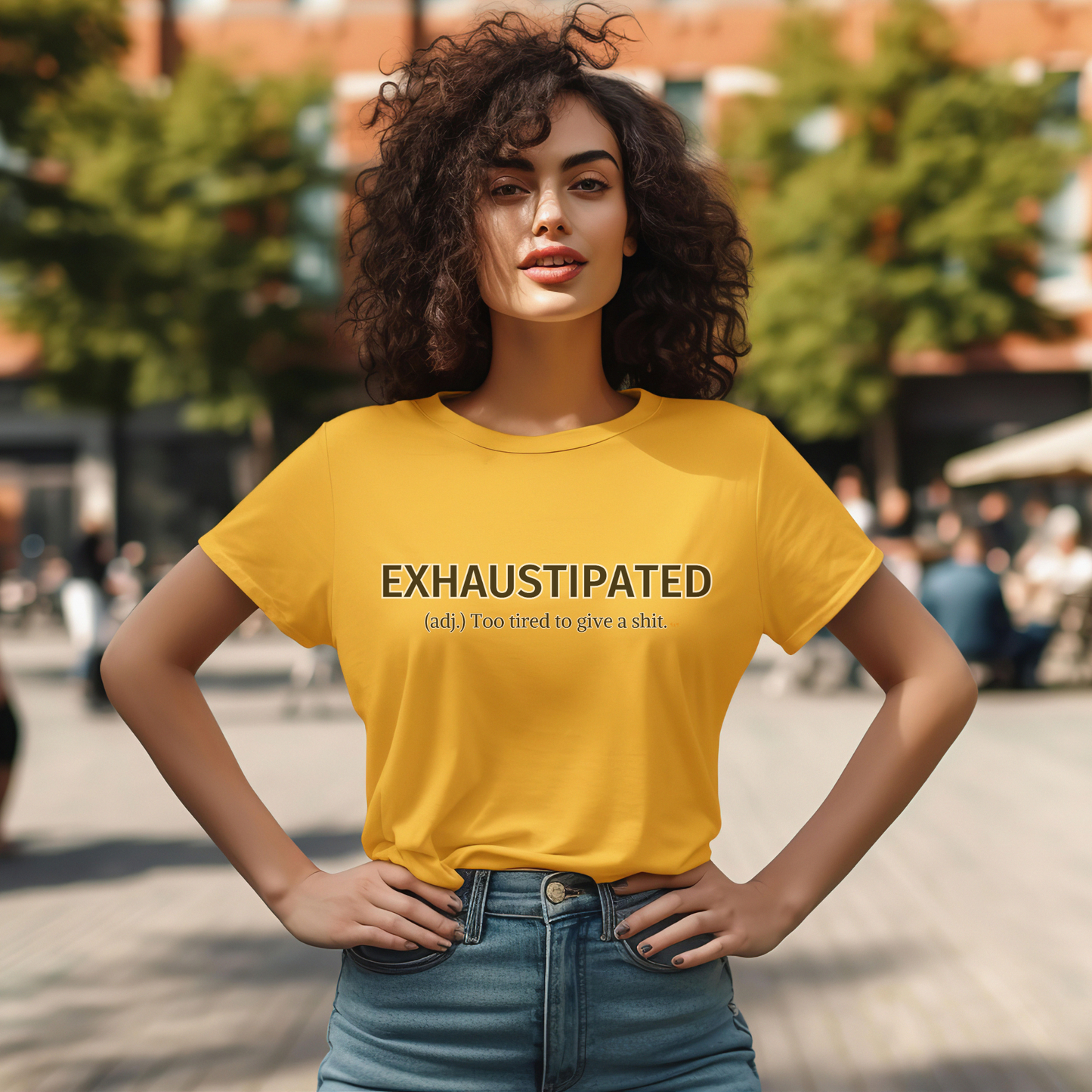 Female model wearing yellow t-shirt with "Exhaustipated" Original Nine-29 Design