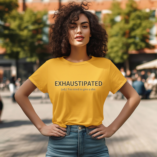 Female model wearing yellow t-shirt with "Exhaustipated" Original Nine-29 Design