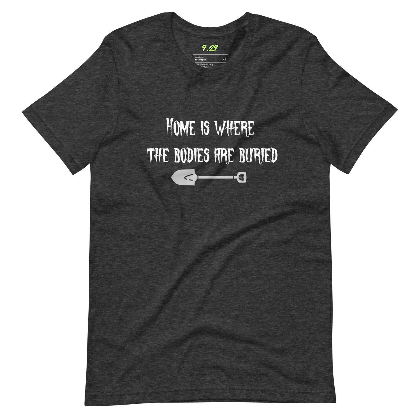 Dark grey heather t-shirt with "Home" Original Nine-29 Design