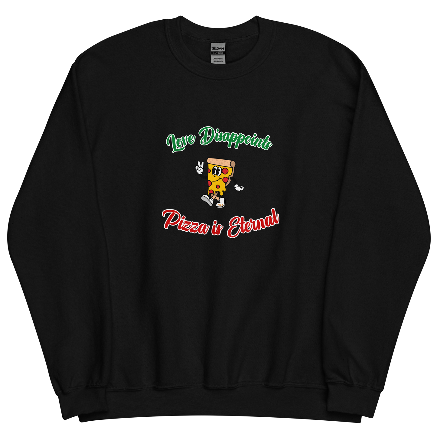 Black sweatshirt with "Love and Pizza" Original Nine-29 Design