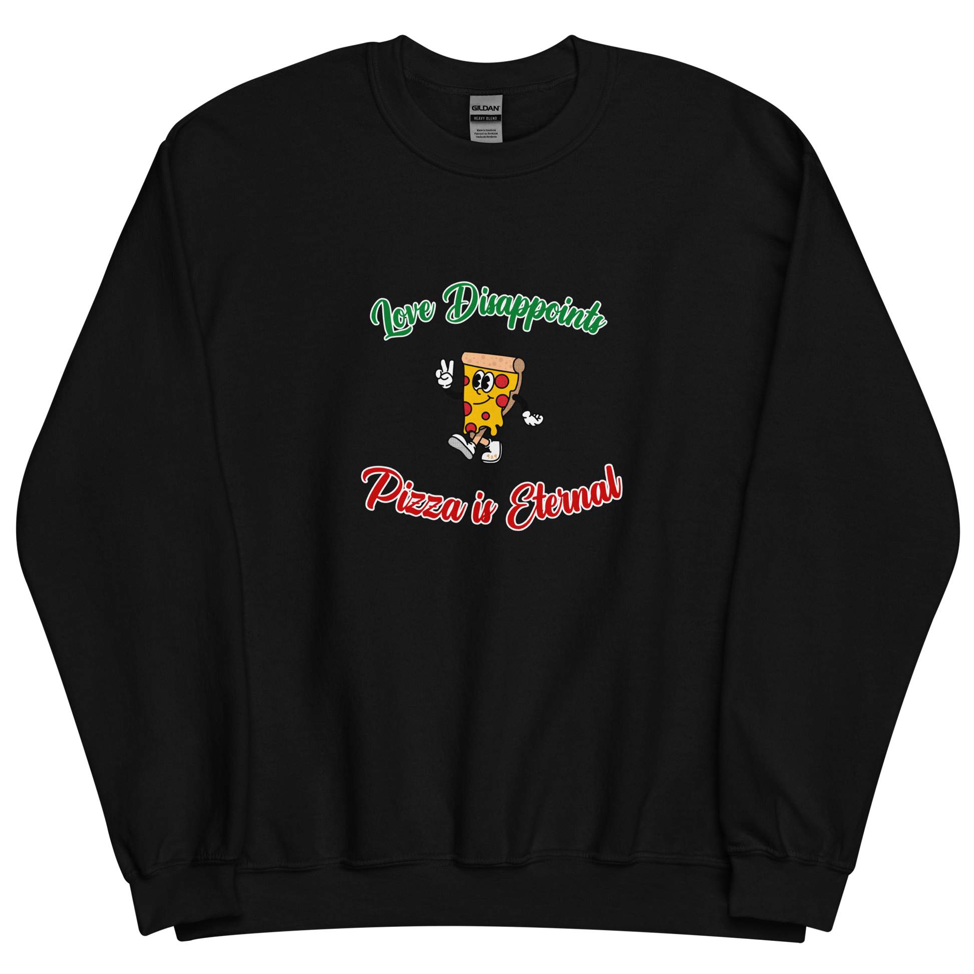 Black sweatshirt with "Love and Pizza" Original Nine-29 Design