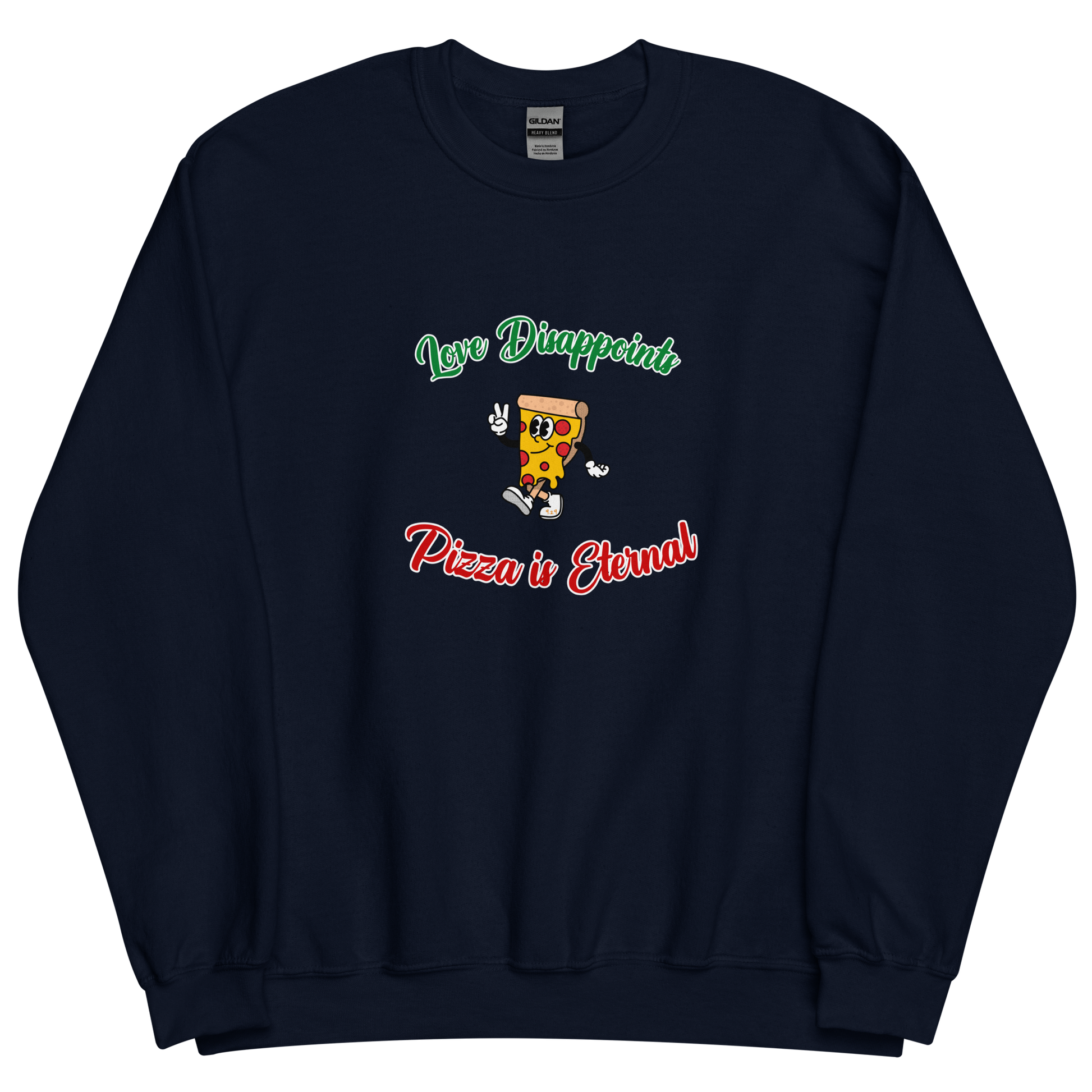 Navy sweatshirt with "Love and Pizza" Original Nine-29 Design