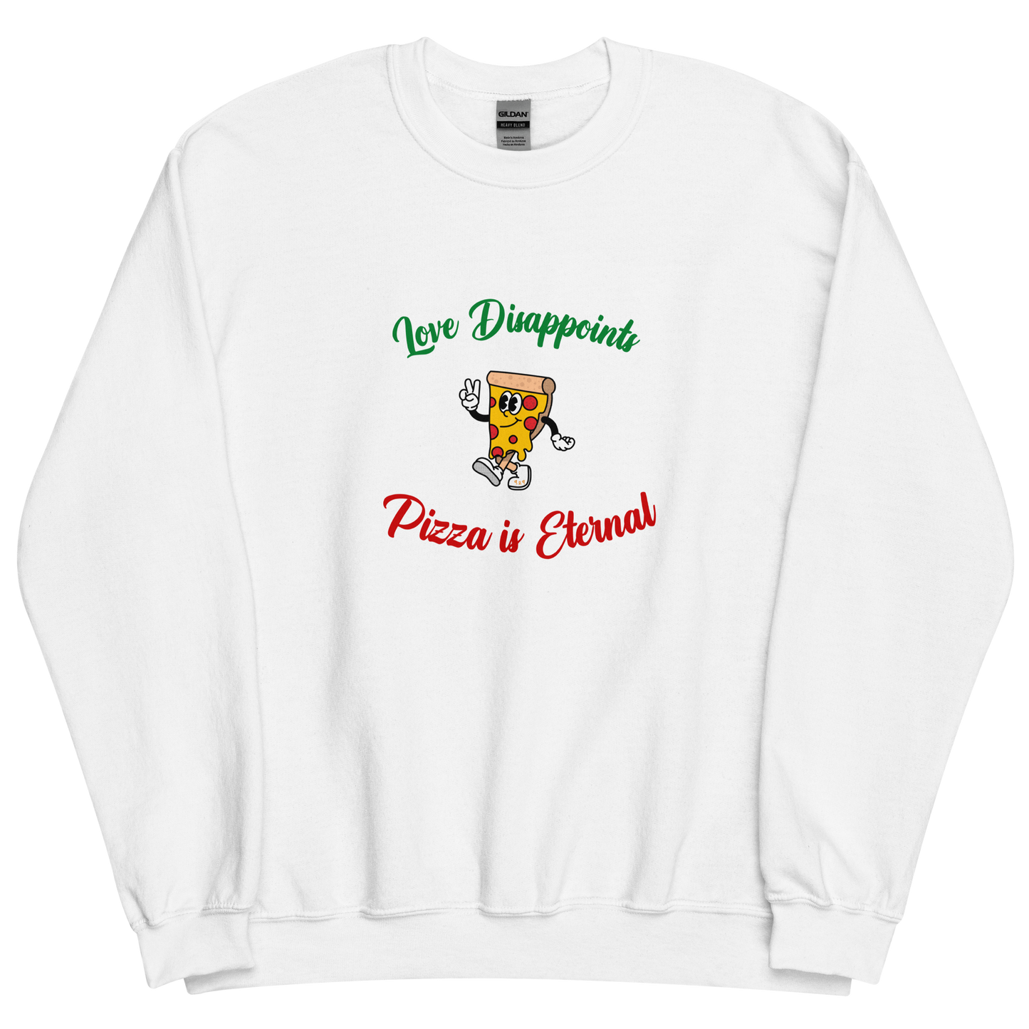 White sweatshirt with "Love and Pizza" Original Nine-29 Design