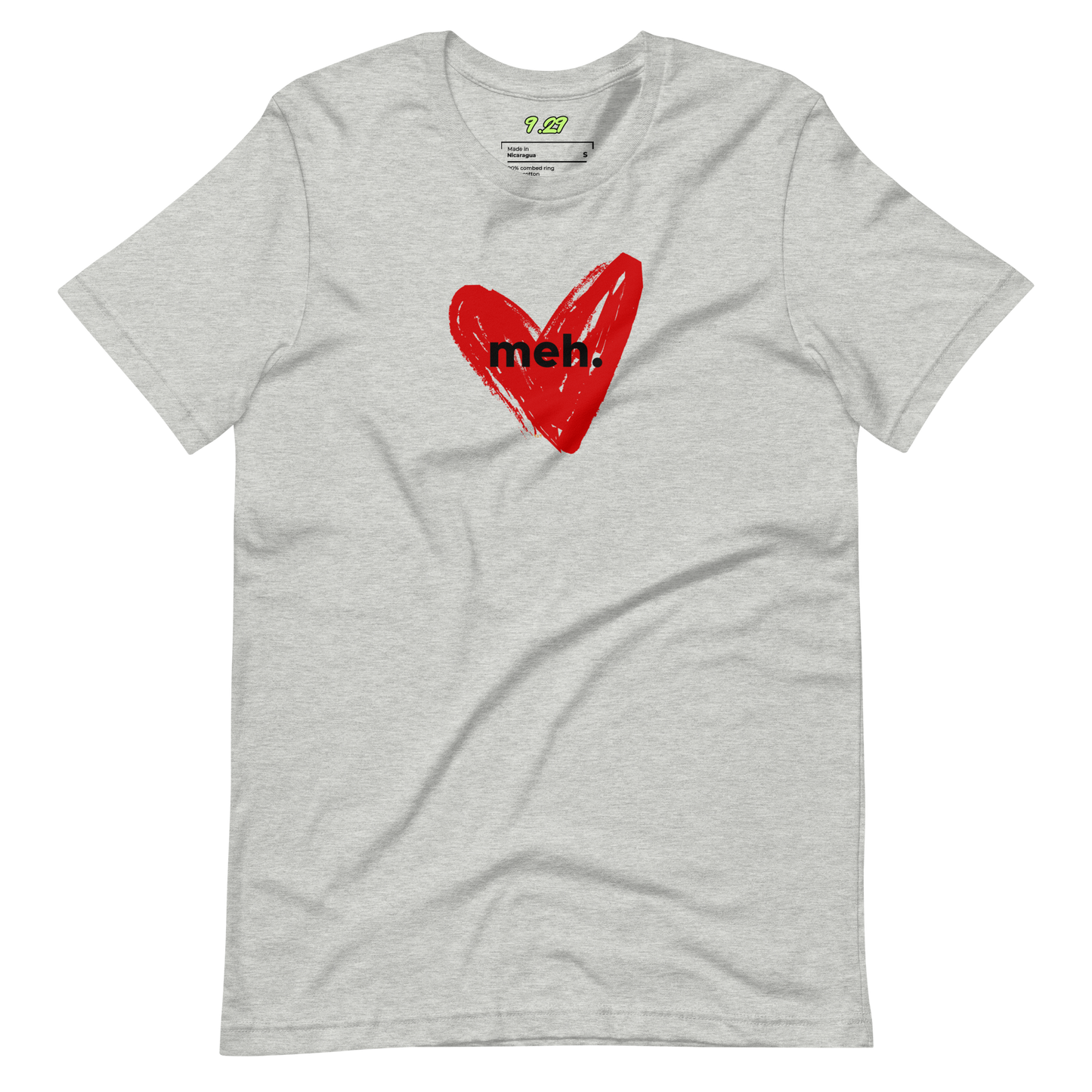 Athletic heather t-shirt with "meh." Original Nine-29 Design