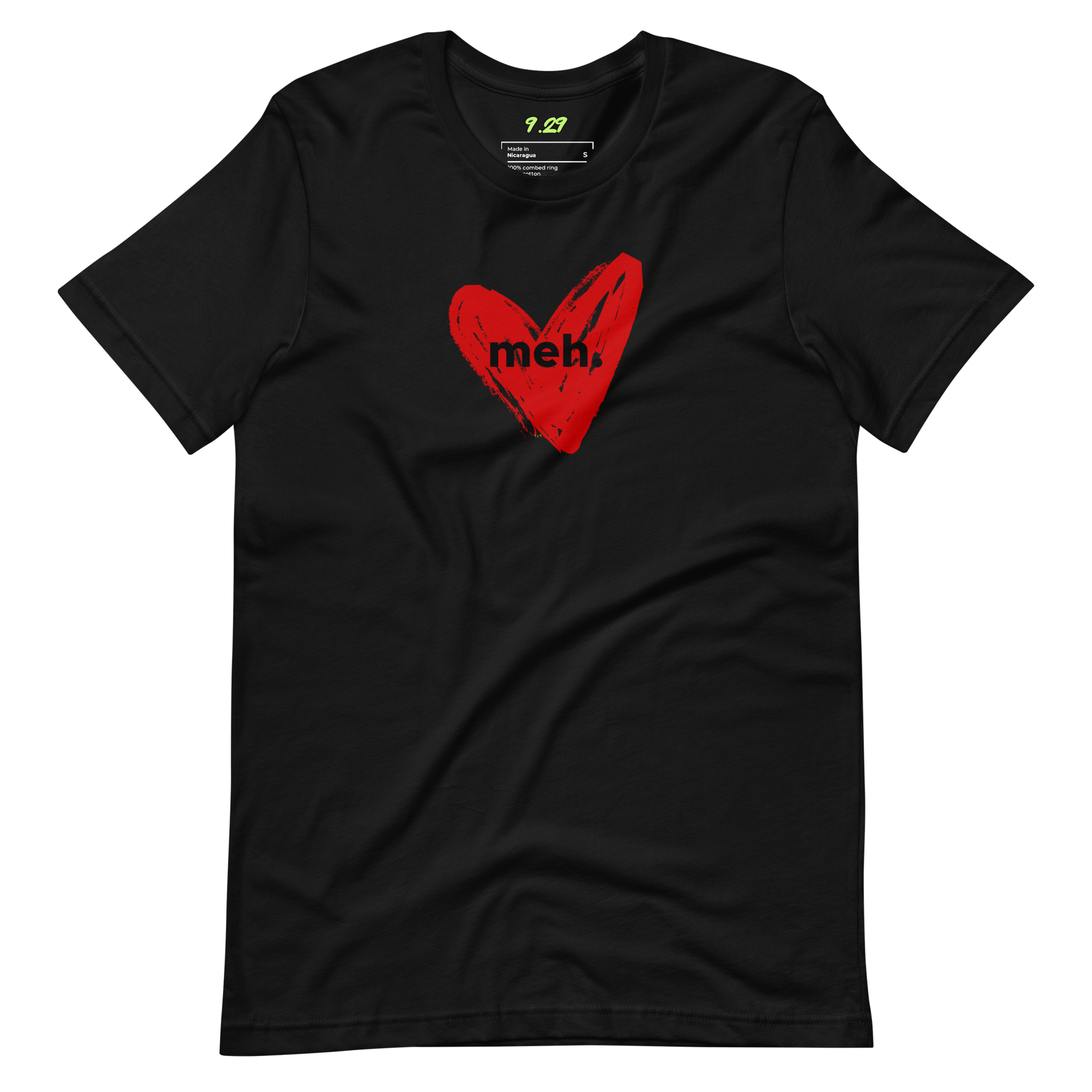 Black t-shirt with "meh." Original Nine-29 Design