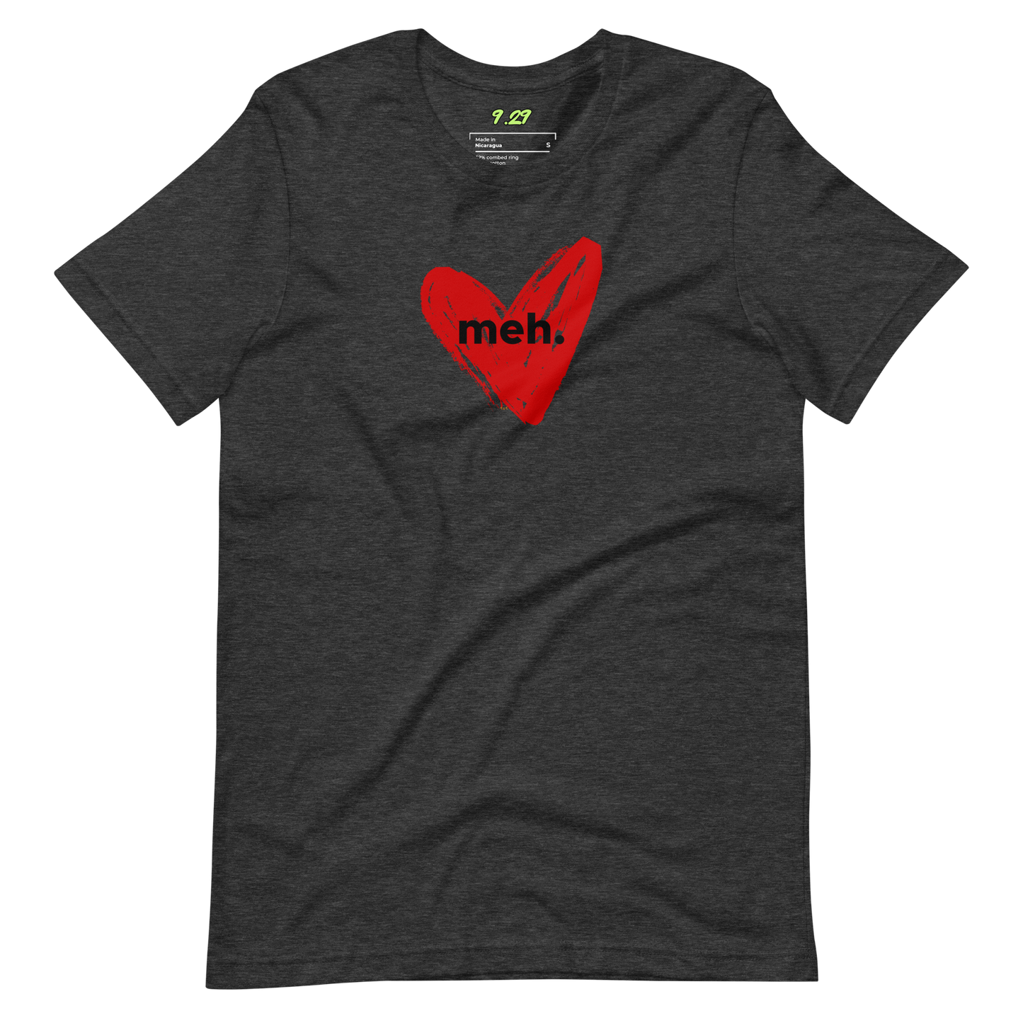 Dark grey heather t-shirt with "meh." Original Nine-29 Design