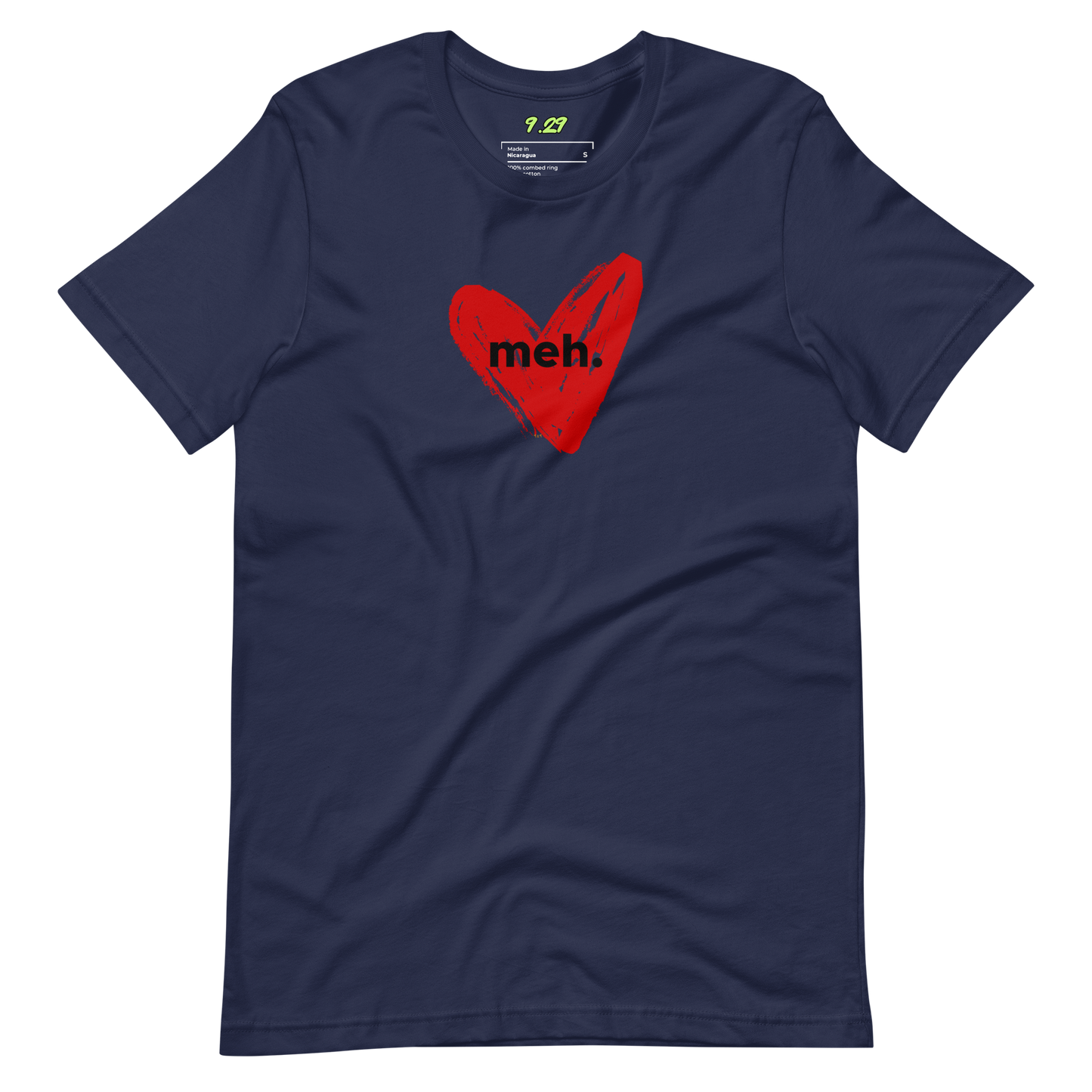 Navy t-shirt with "meh." Original Nine-29 Design