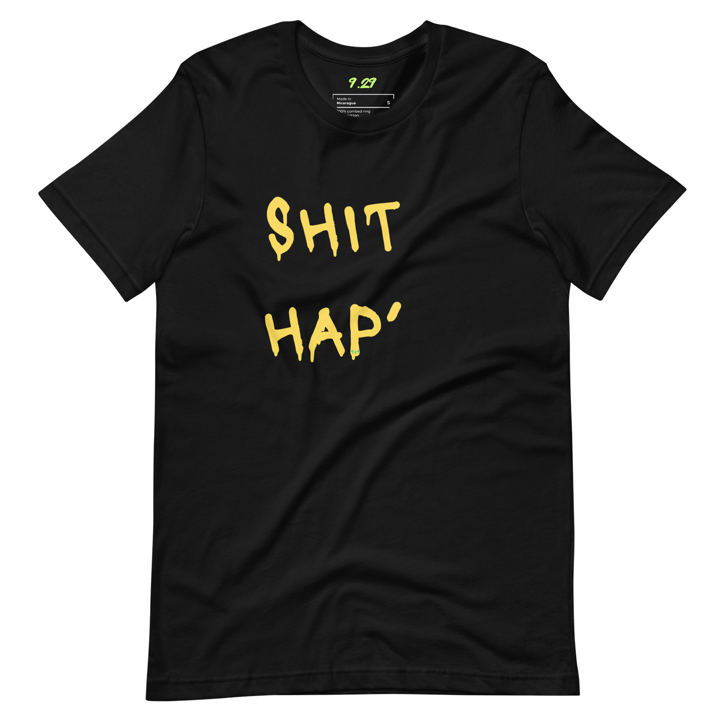 Black t-shirt with "This hap" Original Nine-29 Design
