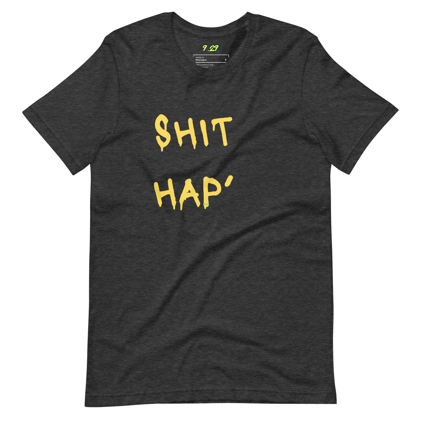 Dark grey heather t-shirt with "This hap" Original Nine-29 Design