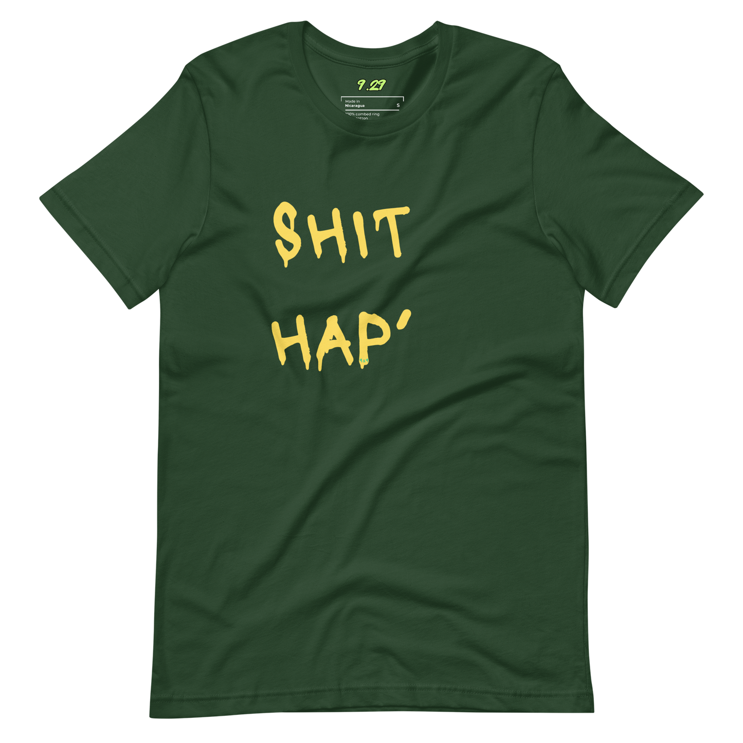 Forest green t-shirt with "This hap" Original Nine-29 Design