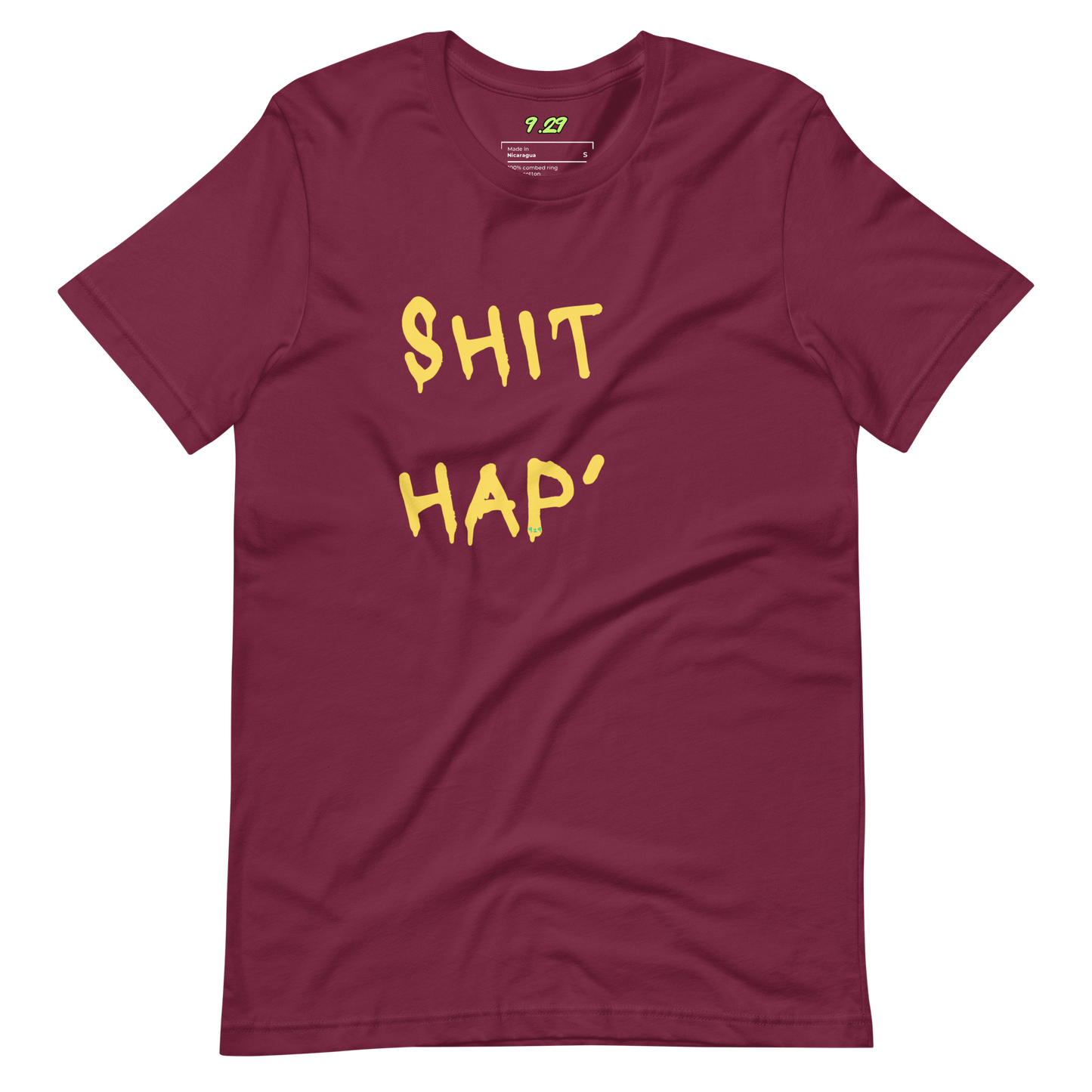 Maroon t-shirt with "This hap" Original Nine-29 Design