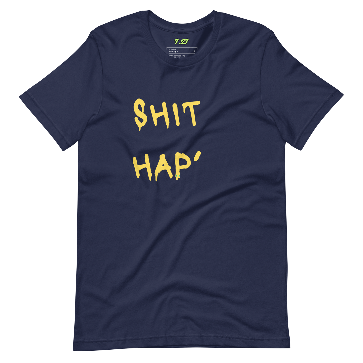 Navy t-shirt with "This hap" Original Nine-29 Design