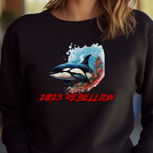 Female model wearing black sweatshirt with "2023 Rebellion" Original Nine-29 Design