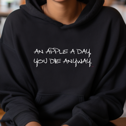 Female model wearing Black hoodie with "An apple a day" Original Nine-29 design