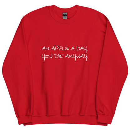 Red sweatshirt with "An apple a day" Original Nine-29 design