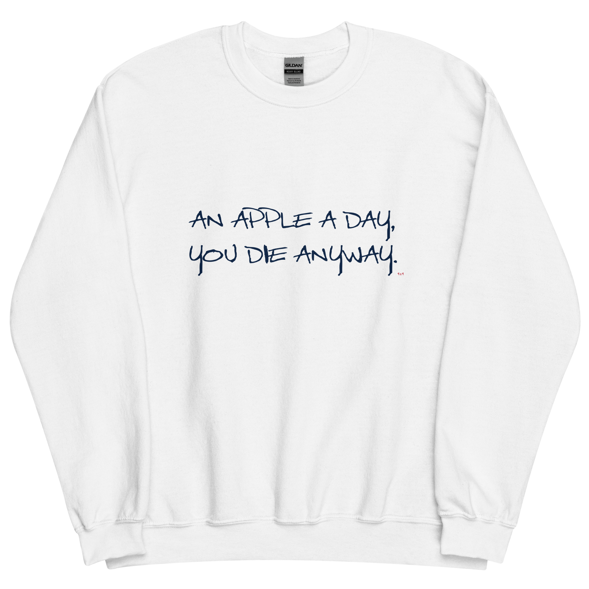 White sweatshirt with "An apple a day" Original Nine-29 design