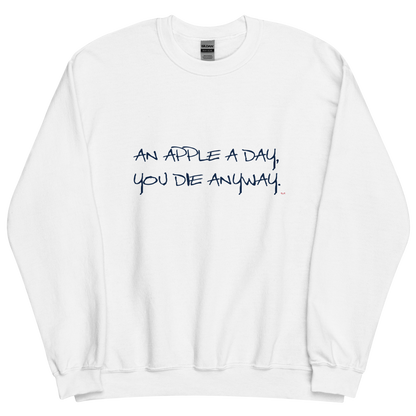 White sweatshirt with "An apple a day" Original Nine-29 design