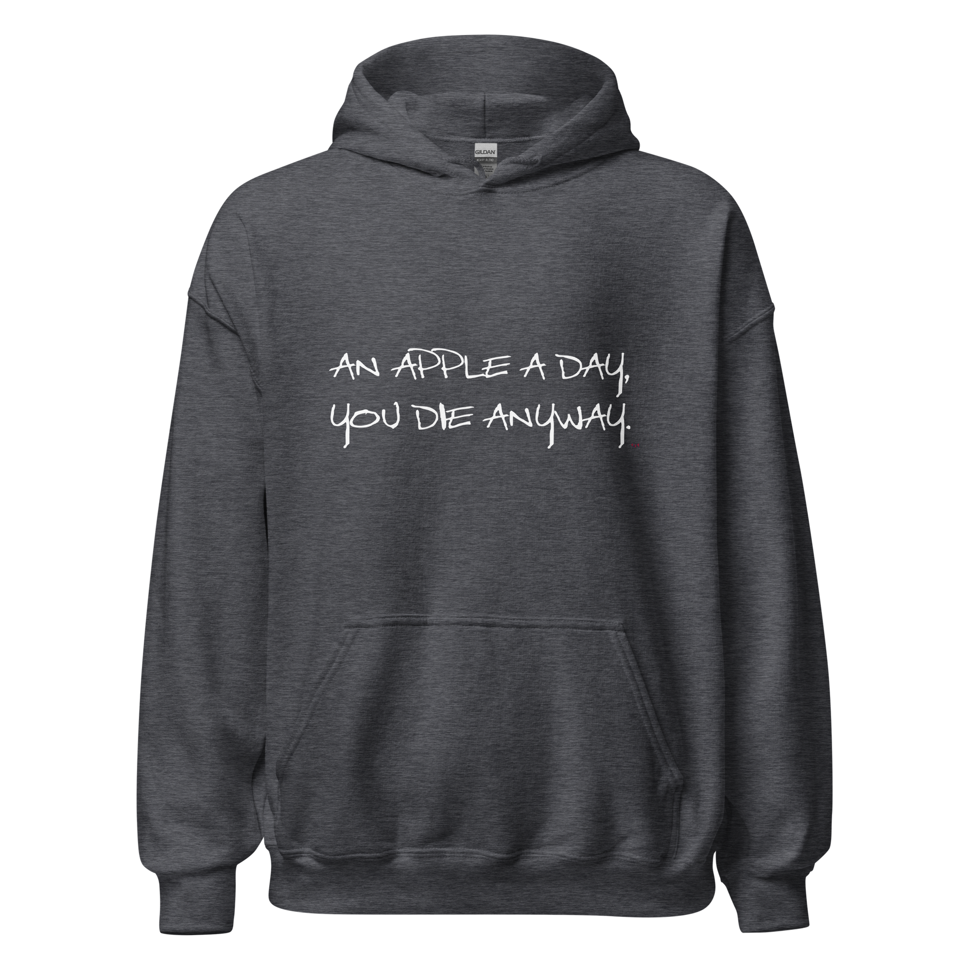 Dark grey heather hoodie with "An apple a day" Original Nine-29 design