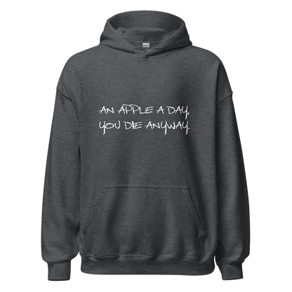 Dark grey heather hoodie with "An apple a day" Original Nine-29 design