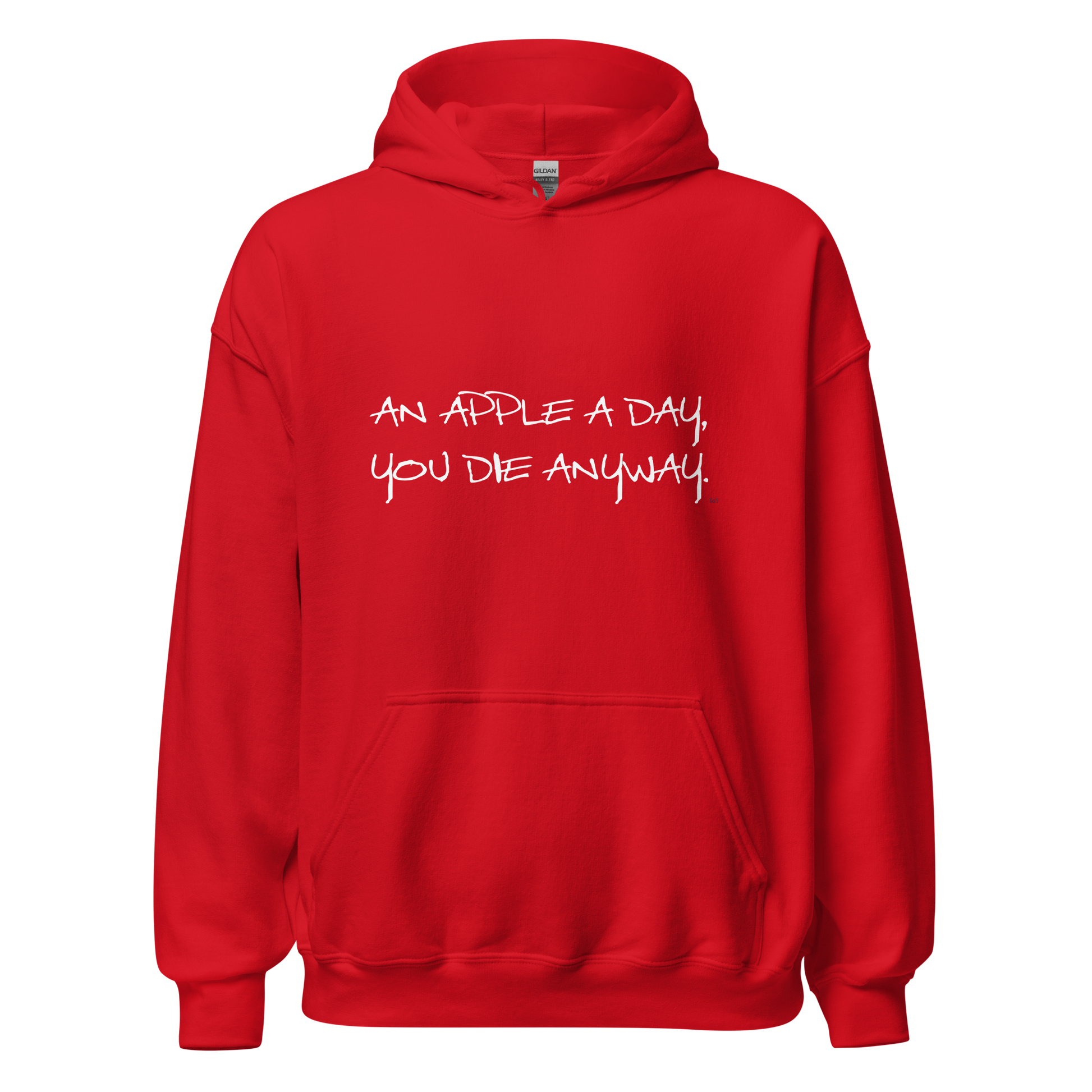 Red hoodie with "An apple a day" Original Nine-29 design