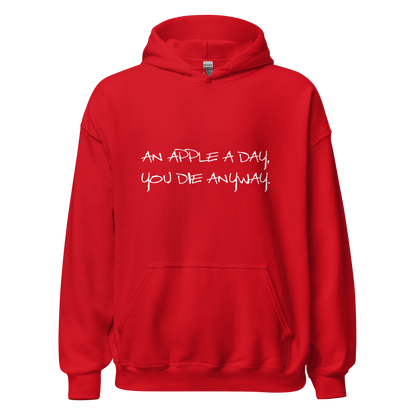 Red hoodie with "An apple a day" Original Nine-29 design