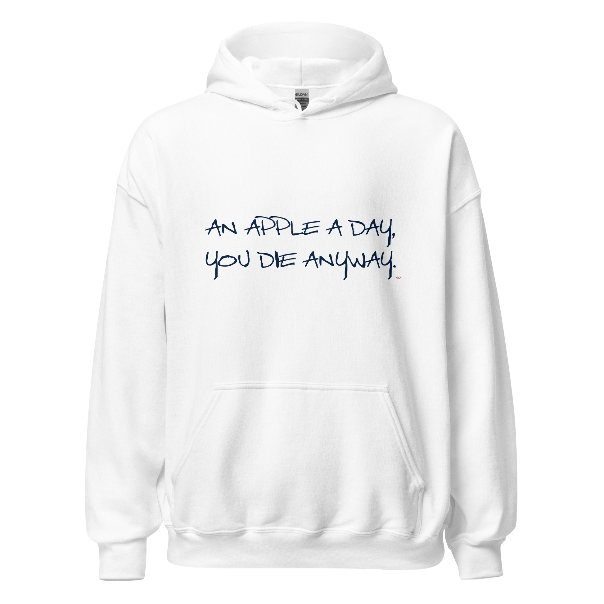 White hoodie with "An apple a day" Original Nine-29 design