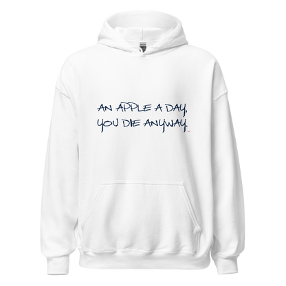 White hoodie with "An apple a day" Original Nine-29 design