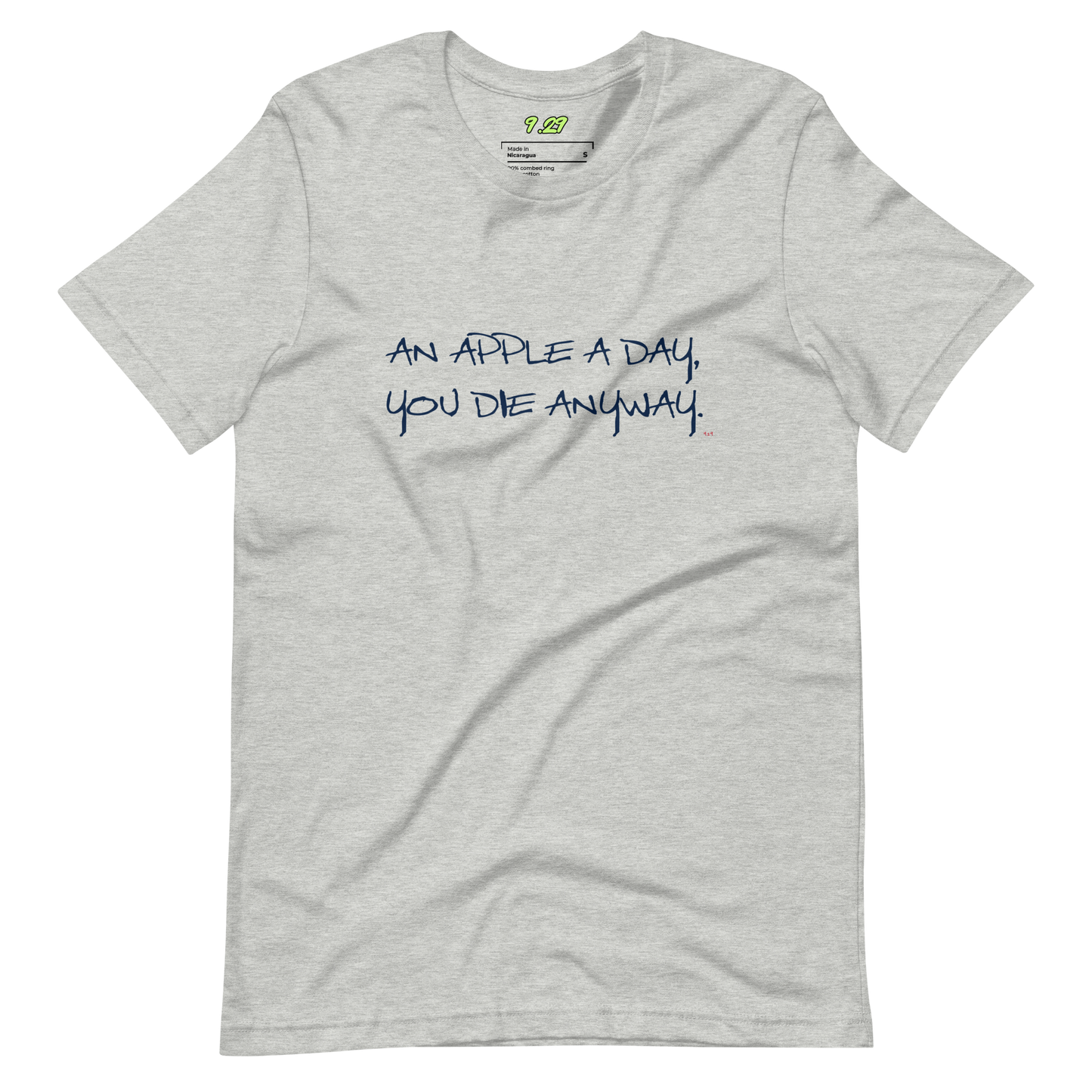 Athletic heather t-shirt with "An apple a day" original Nine-29 design