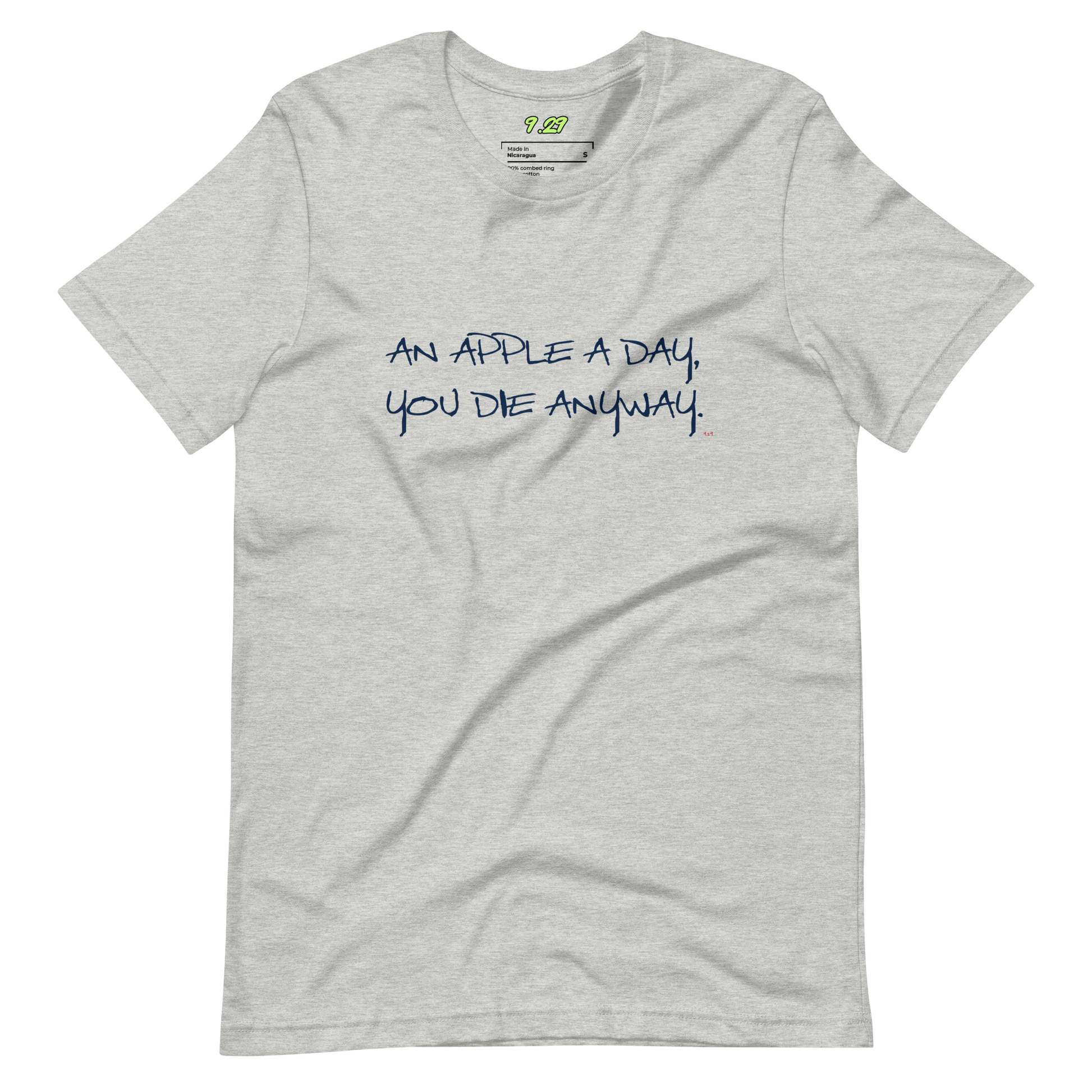 Athletic heather t-shirt with "An apple a day" original Nine-29 design