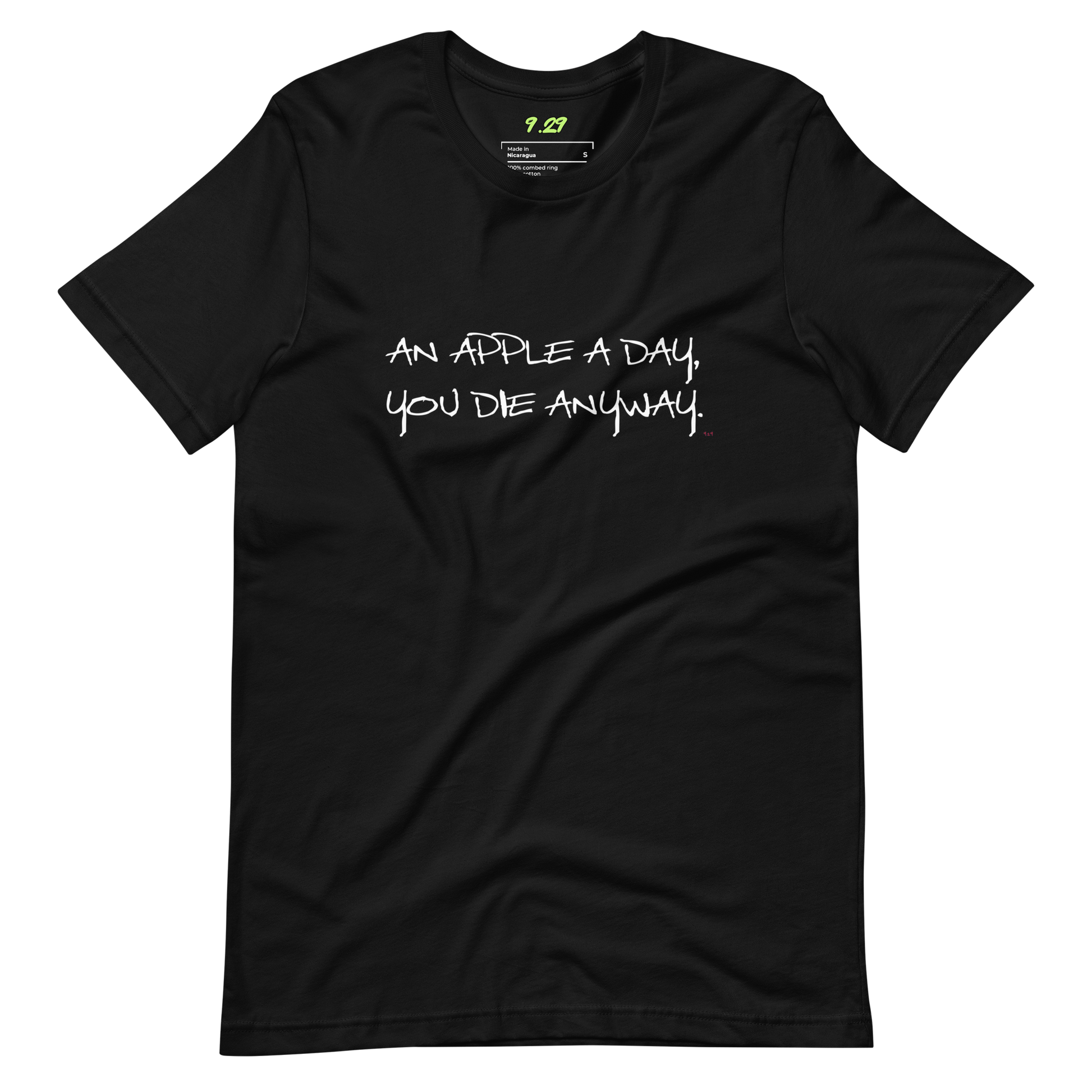 Black t-shirt with "An apple a day" original Nine-29 design