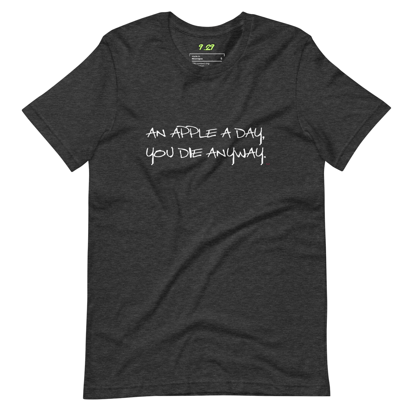 Dark grey heather t-shirt with "An apple a day" original Nine-29 design