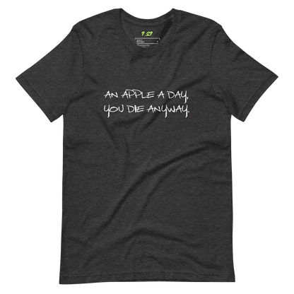 Dark grey heather t-shirt with "An apple a day" original Nine-29 design