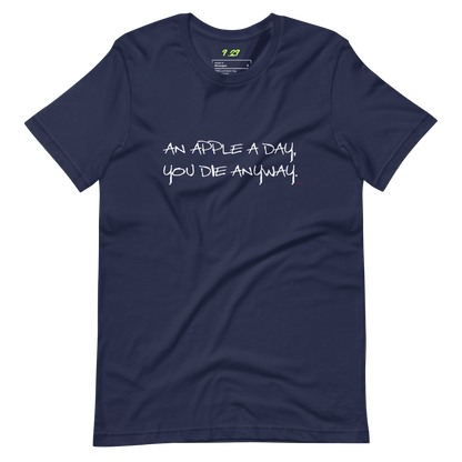 Navy t-shirt with "An apple a day" original Nine-29 design