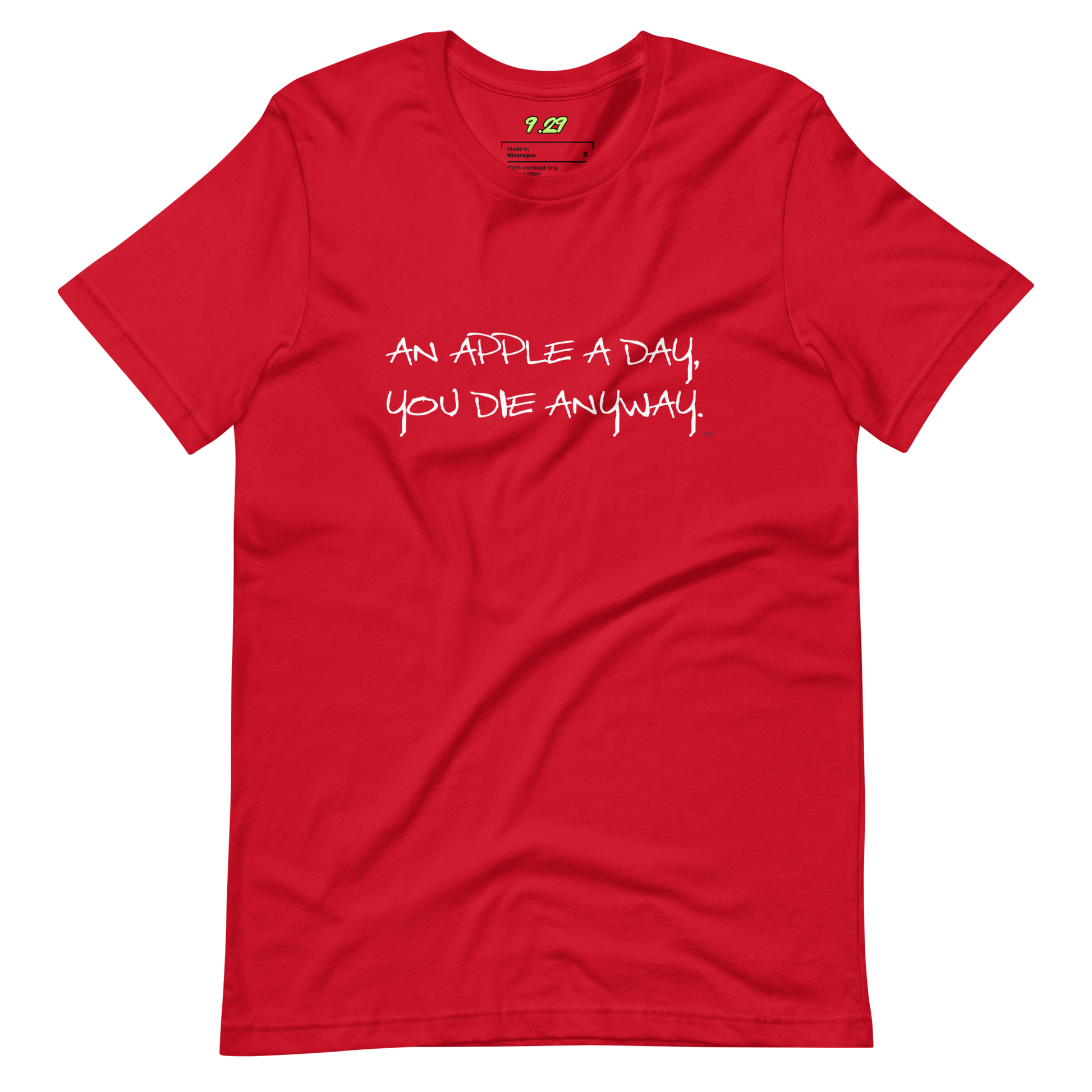 Red t-shirt with "An apple a day" original Nine-29 design