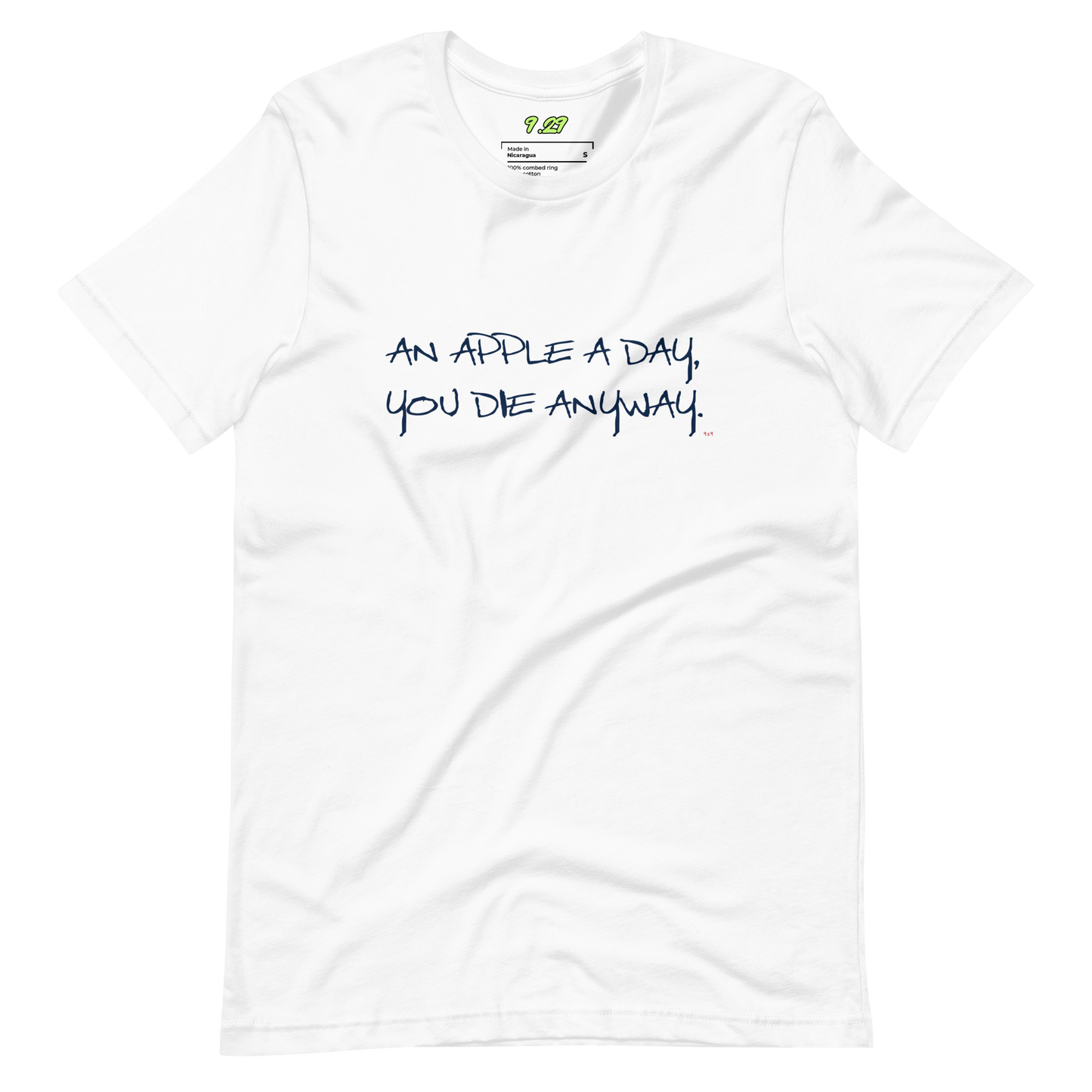 white t-shirt with "An apple a day" original Nine-29 design