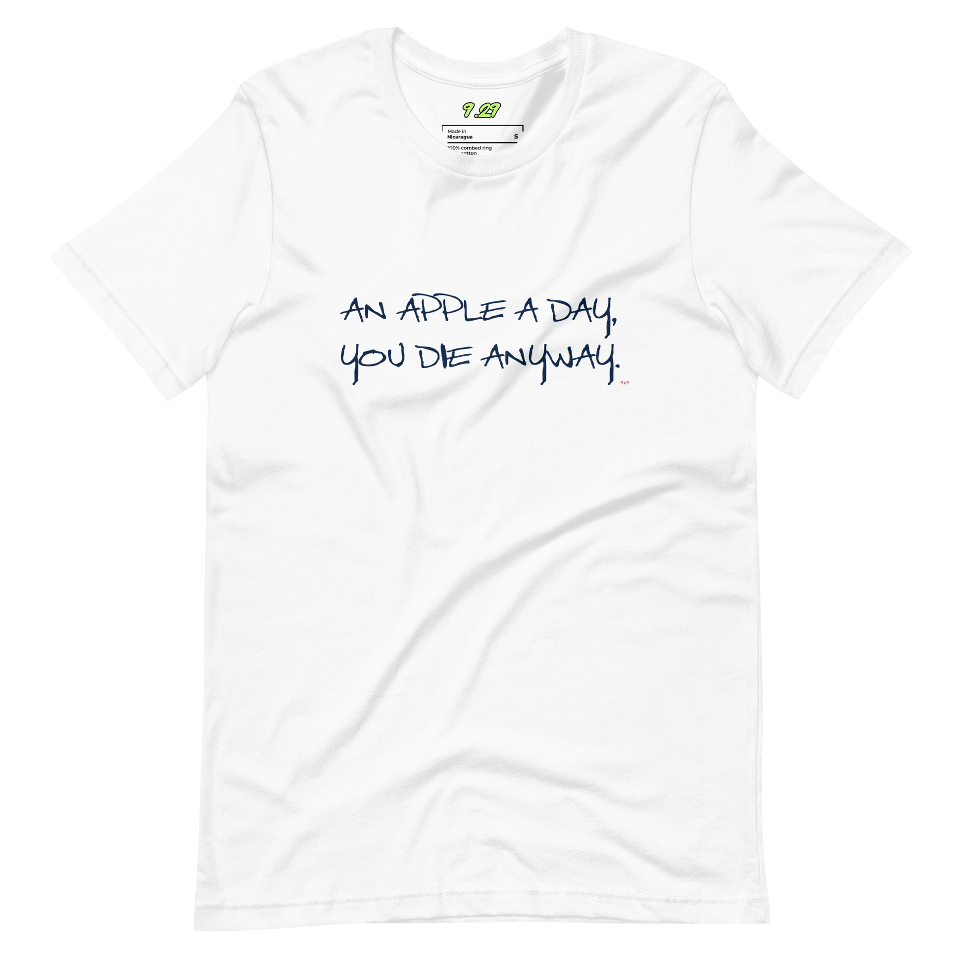 white t-shirt with "An apple a day" original Nine-29 design