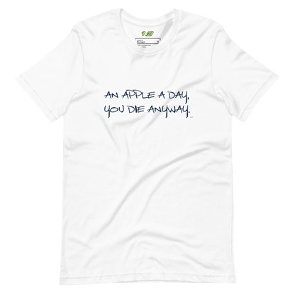 white t-shirt with "An apple a day" original Nine-29 design