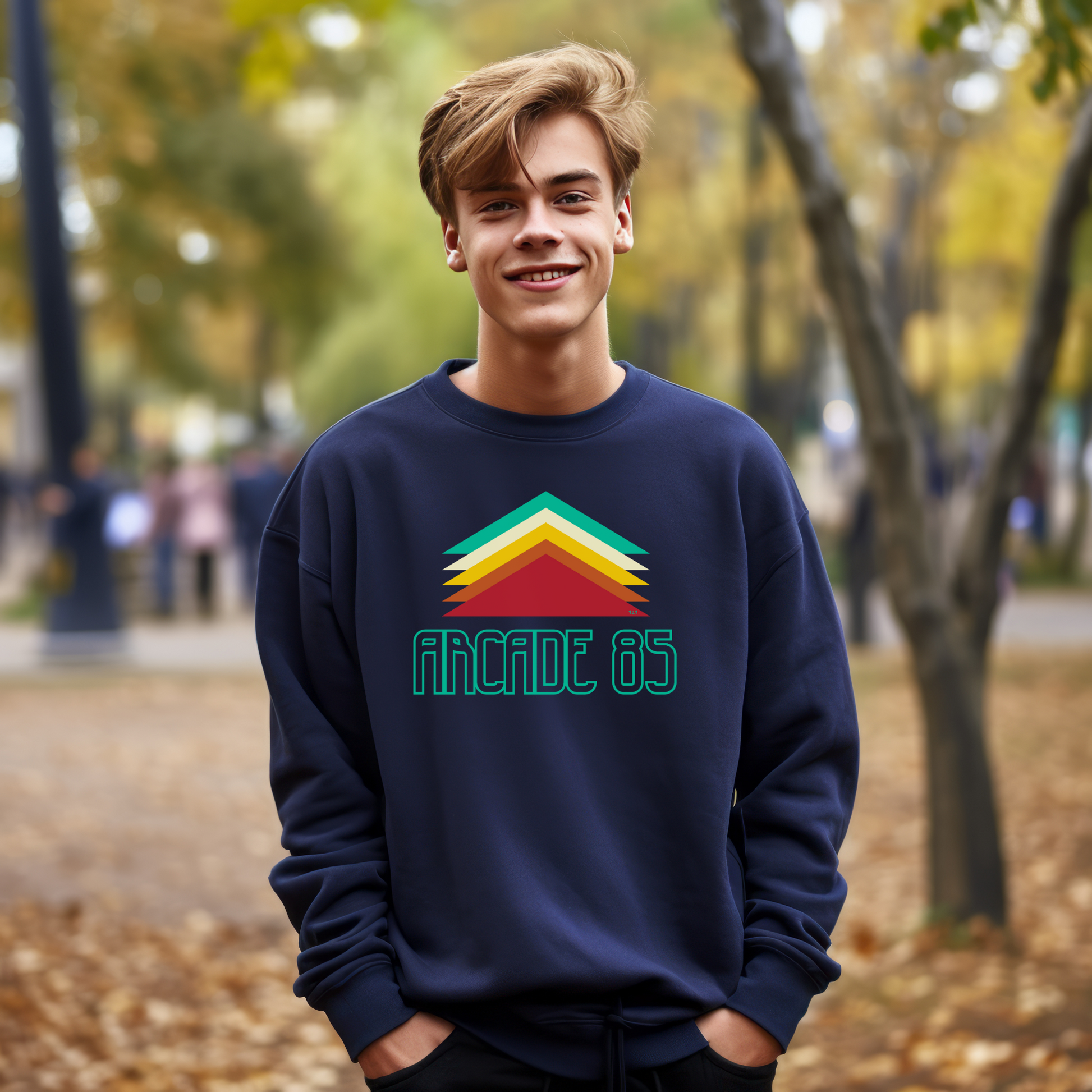 Male model wearing Navy sweatshirt with "Arcade 85" Original Nine-29 Design