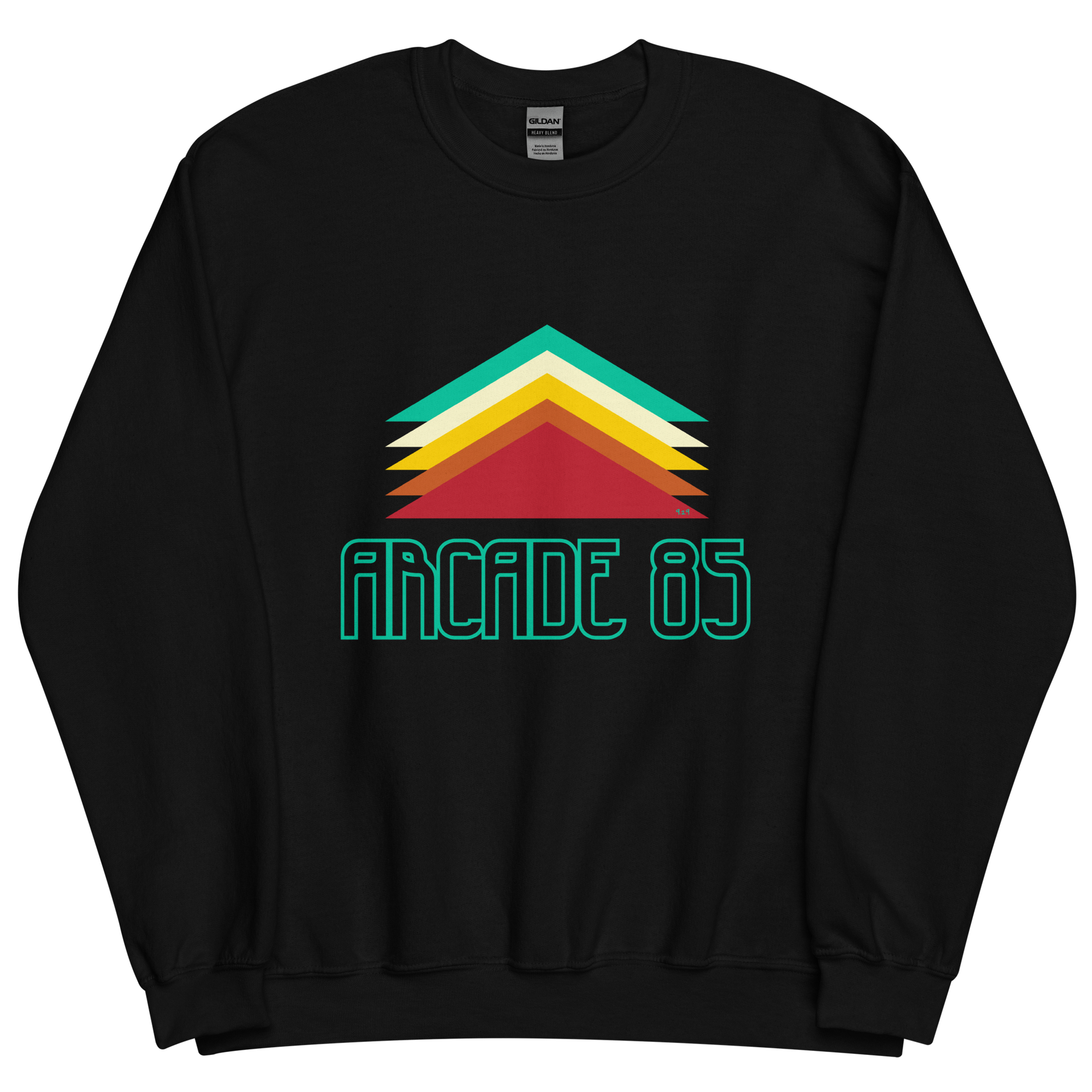 Black sweatshirt with "Arcade 85" Original Nine-29 Design