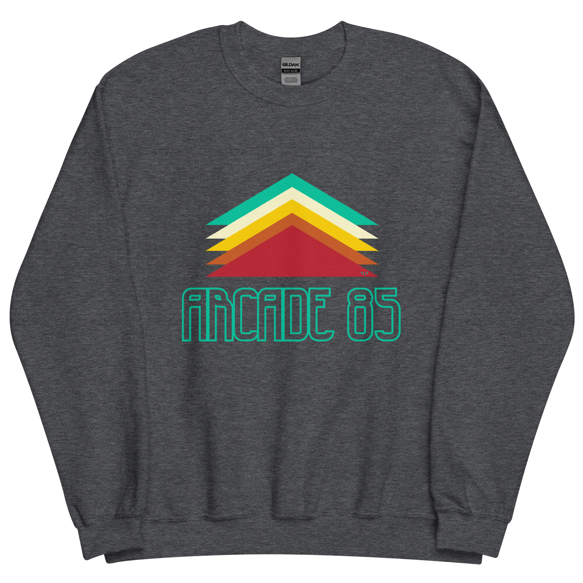 Dark grey heather sweatshirt with "Arcade 85" Original Nine-29 Design