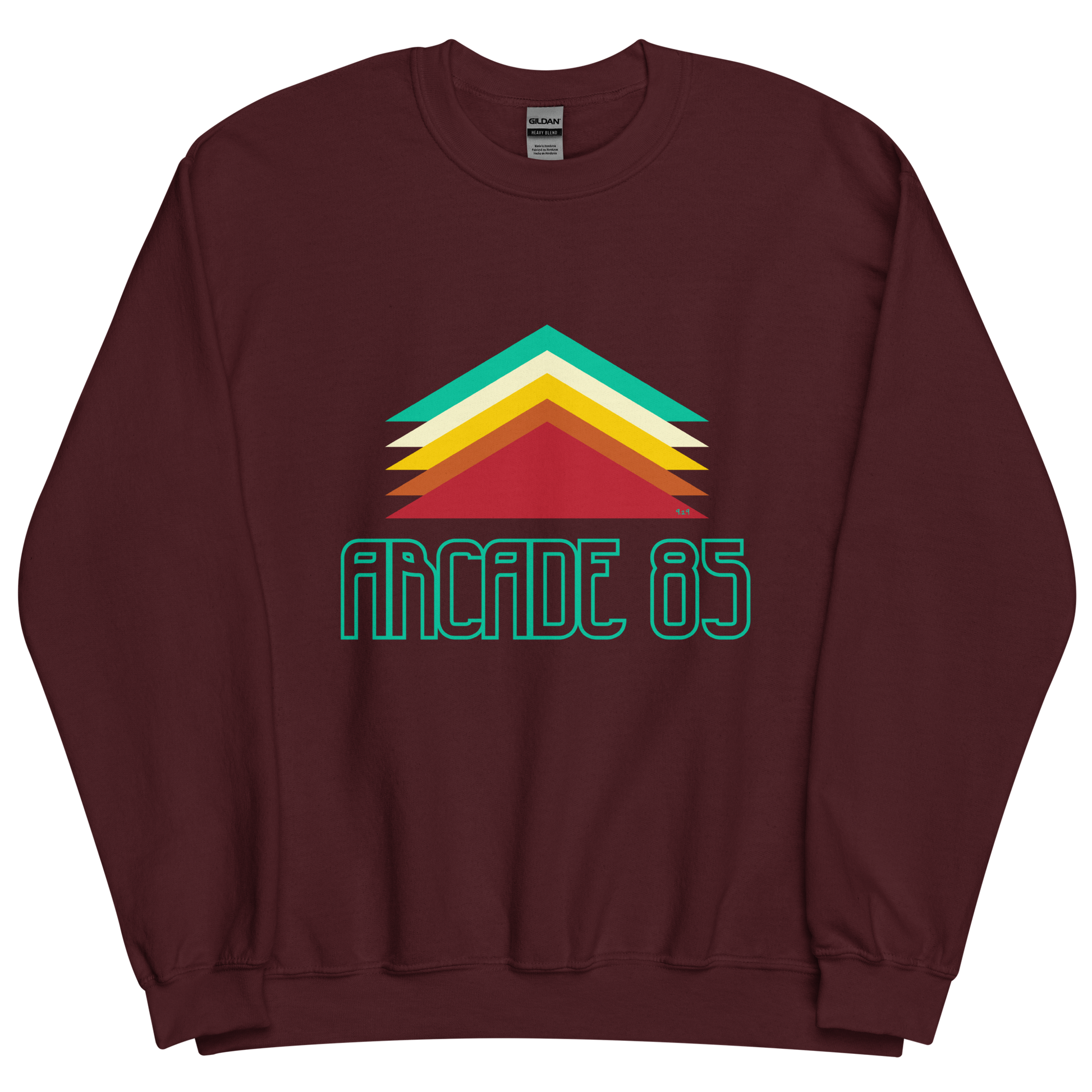 Maroon sweatshirt with "Arcade 85" Original Nine-29 Design