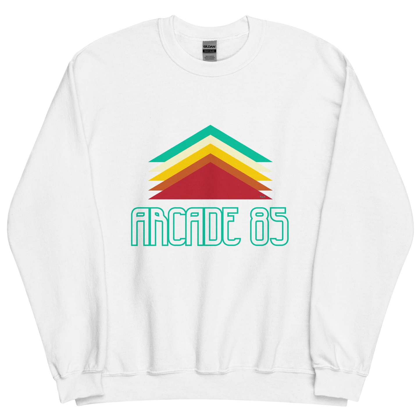 White sweatshirt with "Arcade 85" Original Nine-29 Design