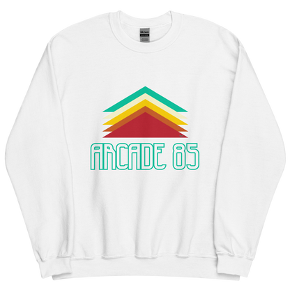 White sweatshirt with "Arcade 85" Original Nine-29 Design