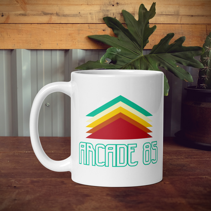 Thumbnail with White mug with "Arcade 85" Original Nine-29 Design