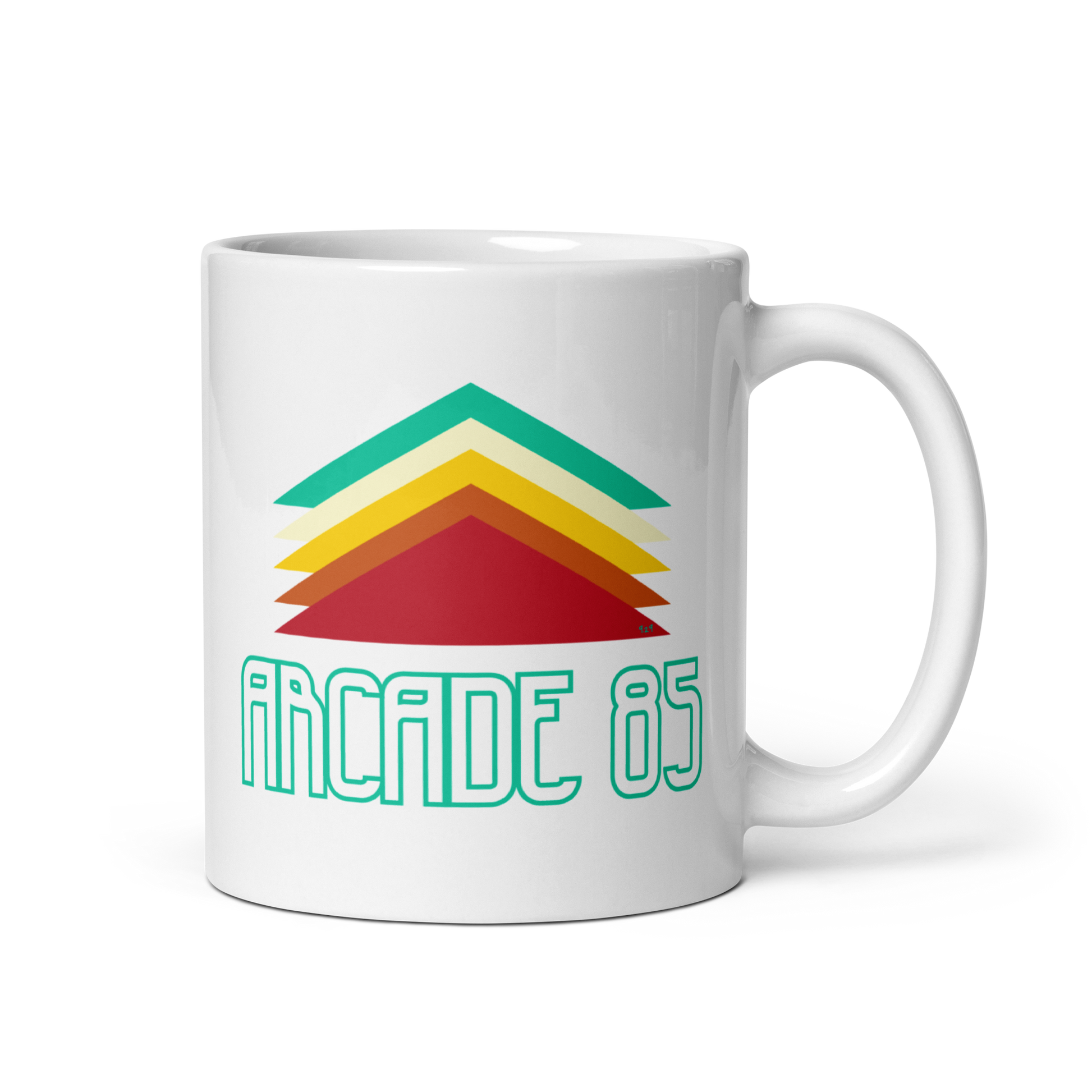 White mug with "Arcade 85" Original Nine-29 Design